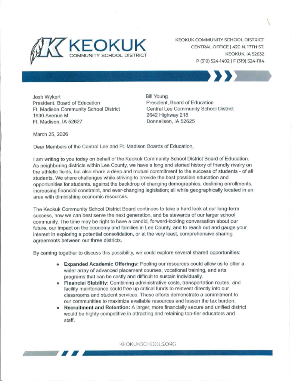 Bcps Letter Example Keokuk School District clarifies ‘consolidation’ letter, seeks ...