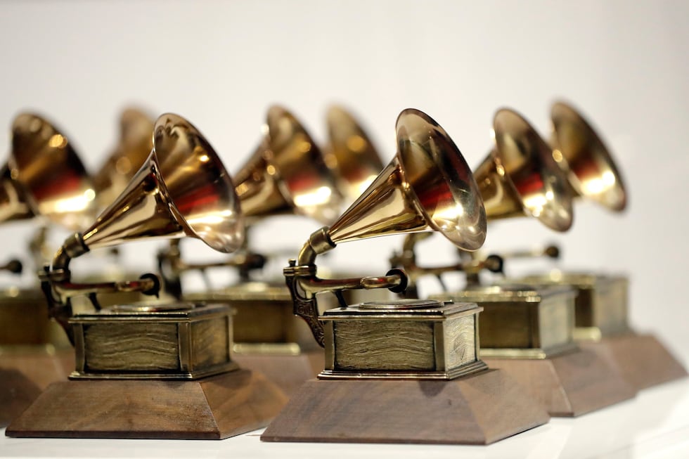 FILE - Grammy Awards are displayed at the Grammy Museum Experience at Prudential Center in...